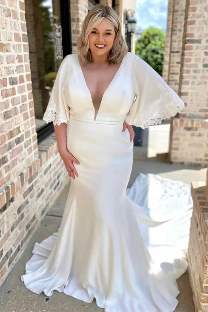 V-Neck Flutter Sleeve Mermaid Long Wedding Dress With Long Train