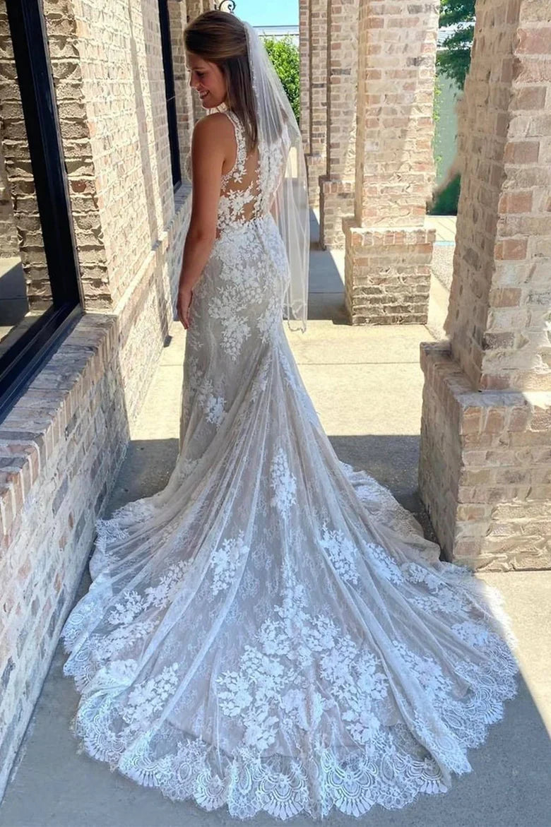 Lace V-Neck Mermaid Long Wedding Dress