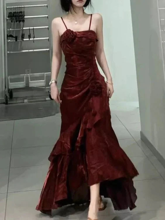 A-line Floor Length Mermaid Ruffles Spaghetti Straps Prom Dress With Flower