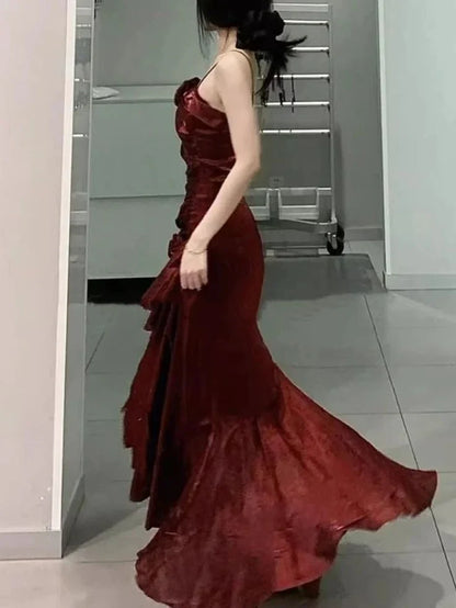 A-line Floor Length Mermaid Ruffles Spaghetti Straps Prom Dress With Flower