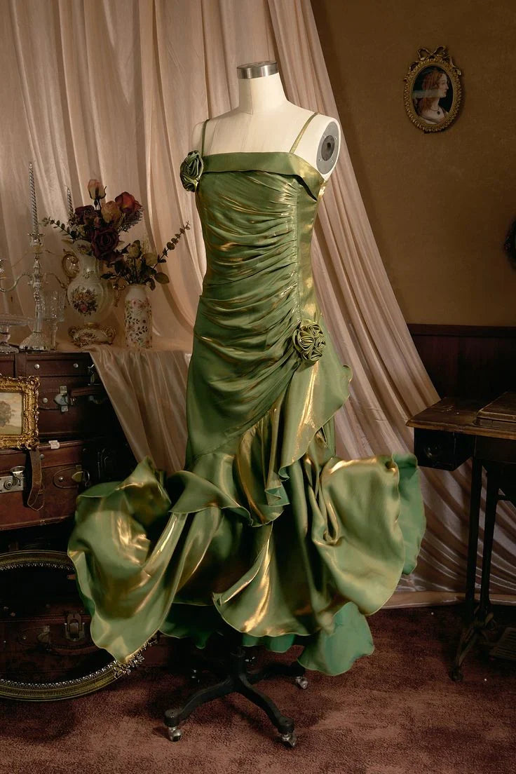 A-line Floor Length Mermaid Ruffles Spaghetti Straps Prom Dress With Flower