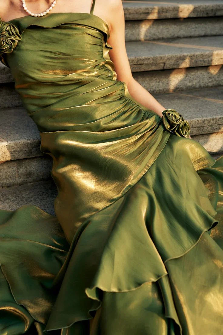 A-line Floor Length Mermaid Ruffles Spaghetti Straps Prom Dress With Flower