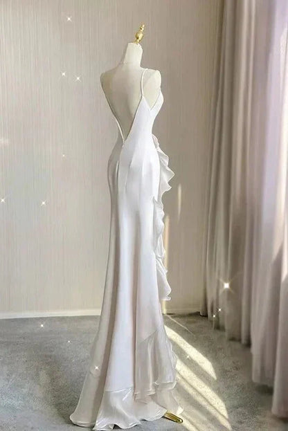 Spaghetti Straps Mermaid With Ruffles Backless Prom Dress