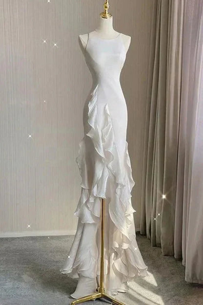 Spaghetti Straps Mermaid With Ruffles Backless Prom Dress