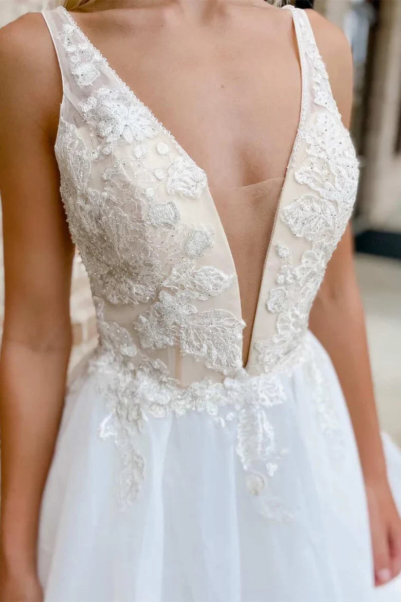 A-Line Lace Deep V Backless Train Wedding Dress