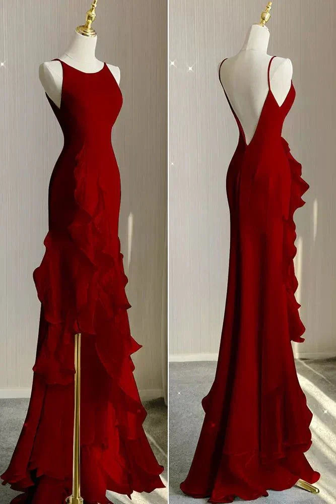 Spaghetti Straps Mermaid With Ruffles Backless Prom Dress
