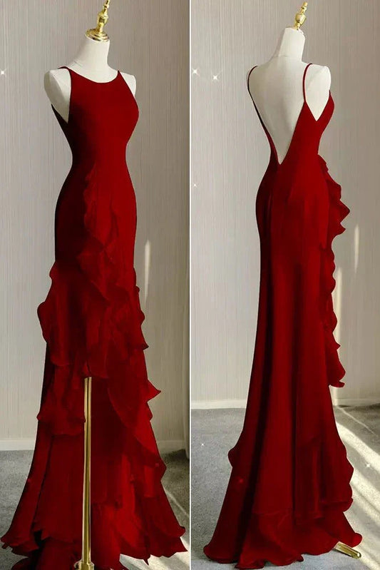Spaghetti Straps Mermaid With Ruffles Backless Prom Dress
