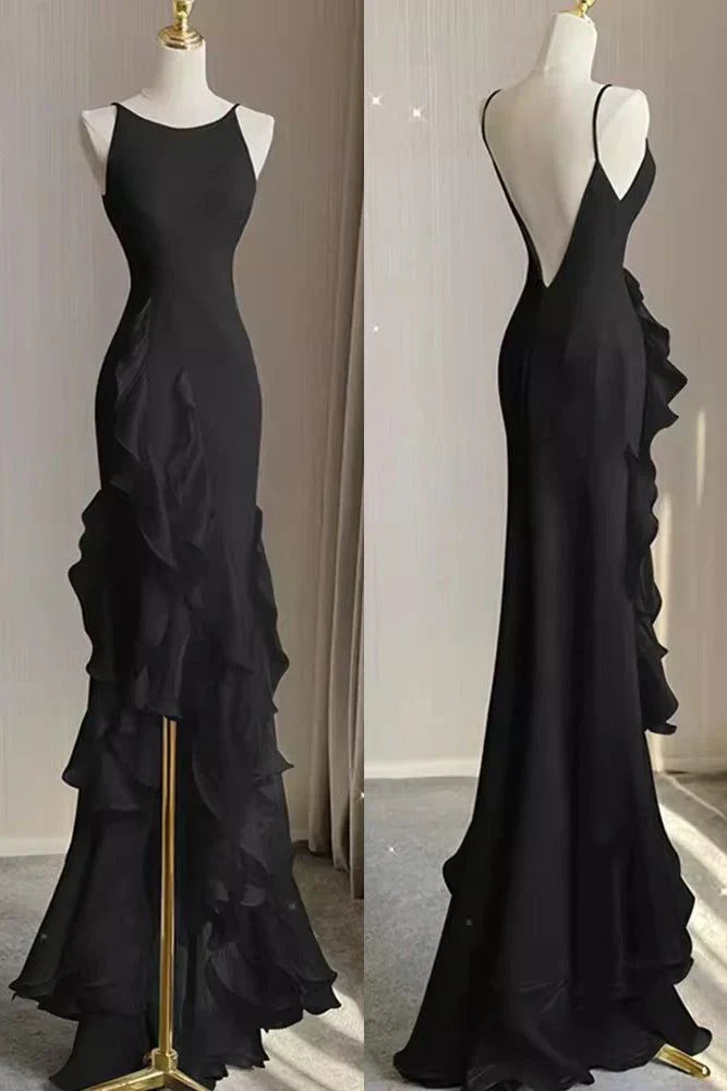 Spaghetti Straps Mermaid With Ruffles Backless Prom Dress