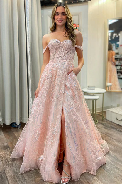 A-Line Off-the-Shoulder Prom Dress With Applique