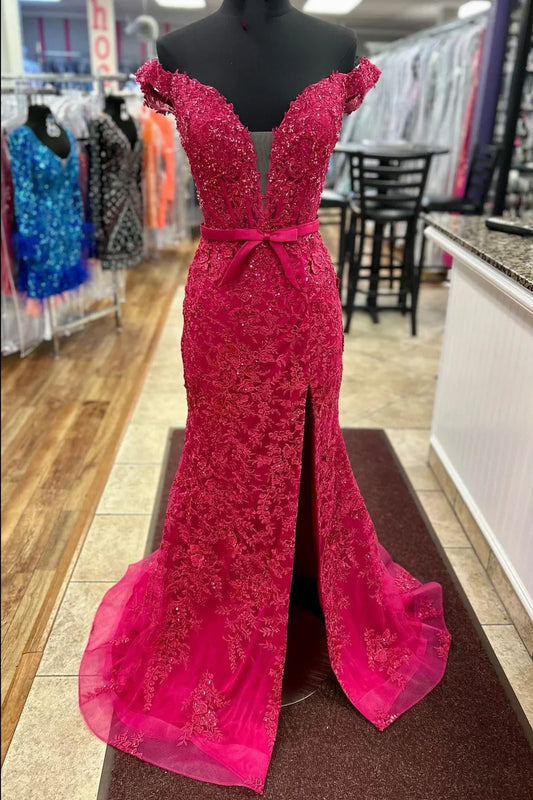 Off-the-Shoulder Mermaid Prom Dress with Applique Slit