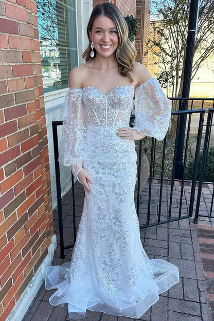 Off-the-Shoulder Sequin Lace Strapless Prom Dress with Balloon Sleeves