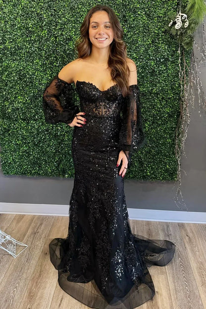 Off-the-Shoulder Sequin Lace Strapless Prom Dress with Balloon Sleeves