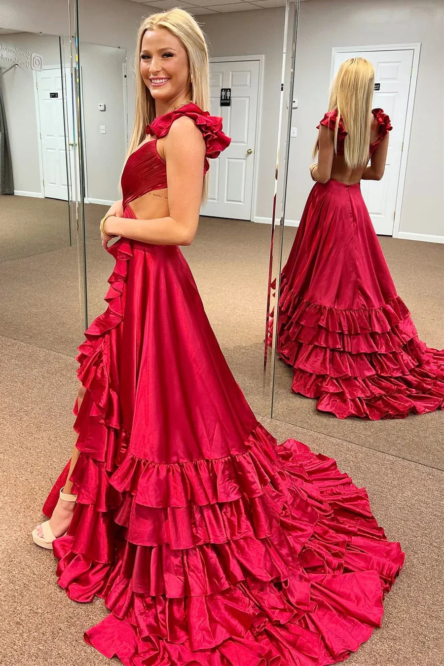 A-Line Ruffle Prom Dress with Slit Cutout