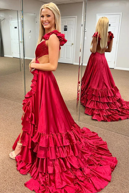 A-Line Ruffle Prom Dress with Slit Cutout