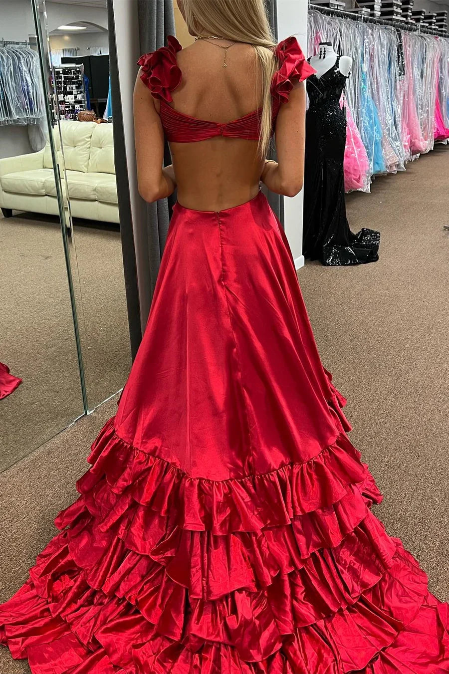 A-Line Ruffle Prom Dress with Slit Cutout