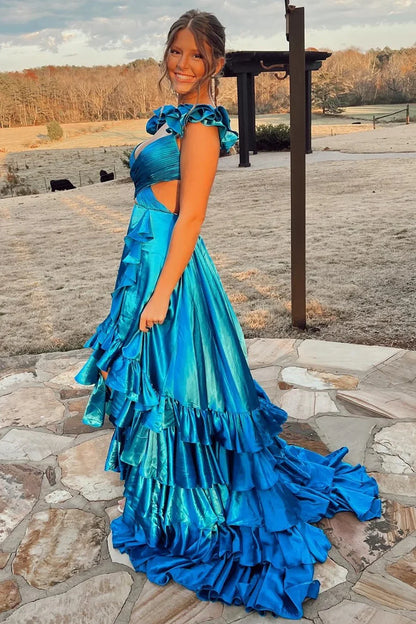 A-Line Ruffle Prom Dress with Slit Cutout