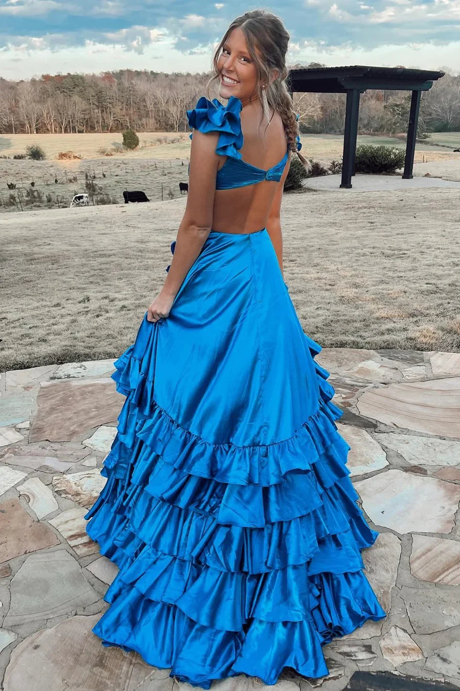 A-Line Ruffle Prom Dress with Slit Cutout
