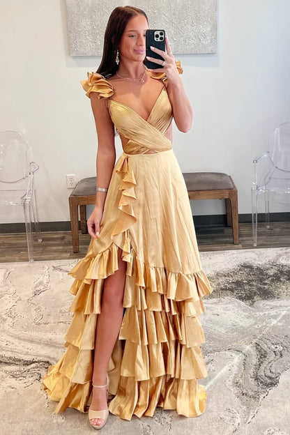 A-Line Ruffle Prom Dress with Slit Cutout