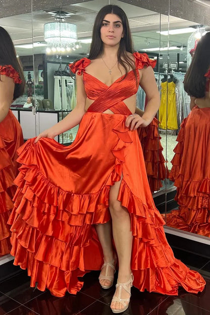 A-Line Ruffle Prom Dress with Slit Cutout