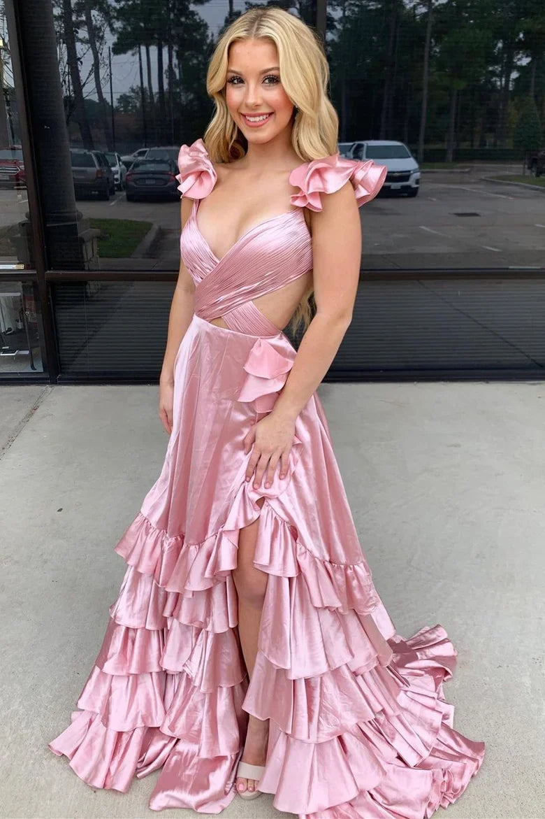 A-Line Ruffle Prom Dress with Slit Cutout