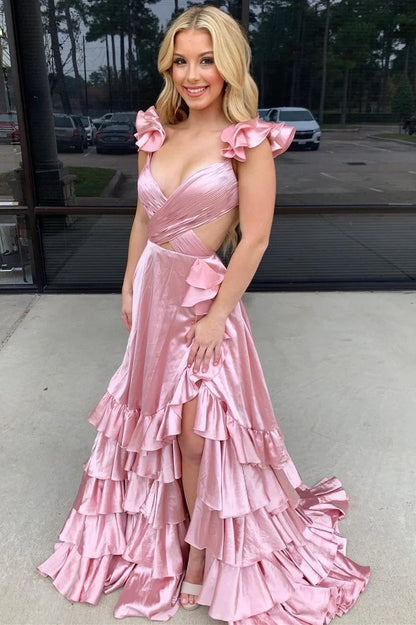 A-Line Ruffle Prom Dress with Slit Cutout