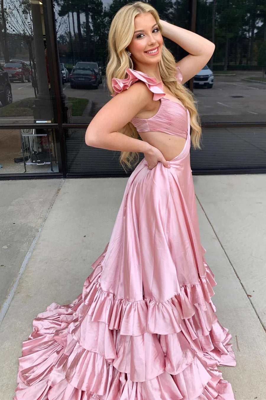 A-Line Ruffle Prom Dress with Slit Cutout