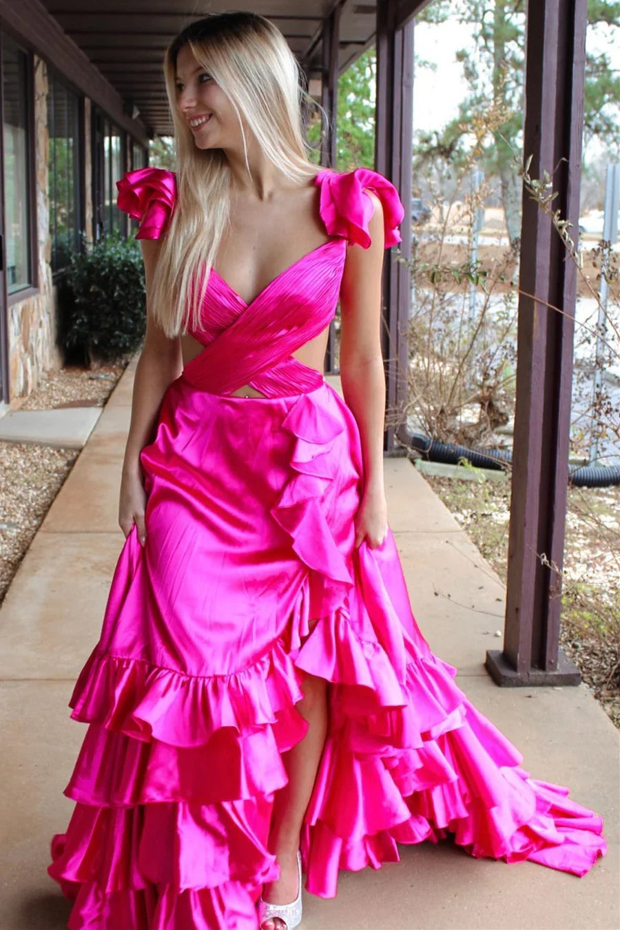 A-Line Ruffle Prom Dress with Slit Cutout