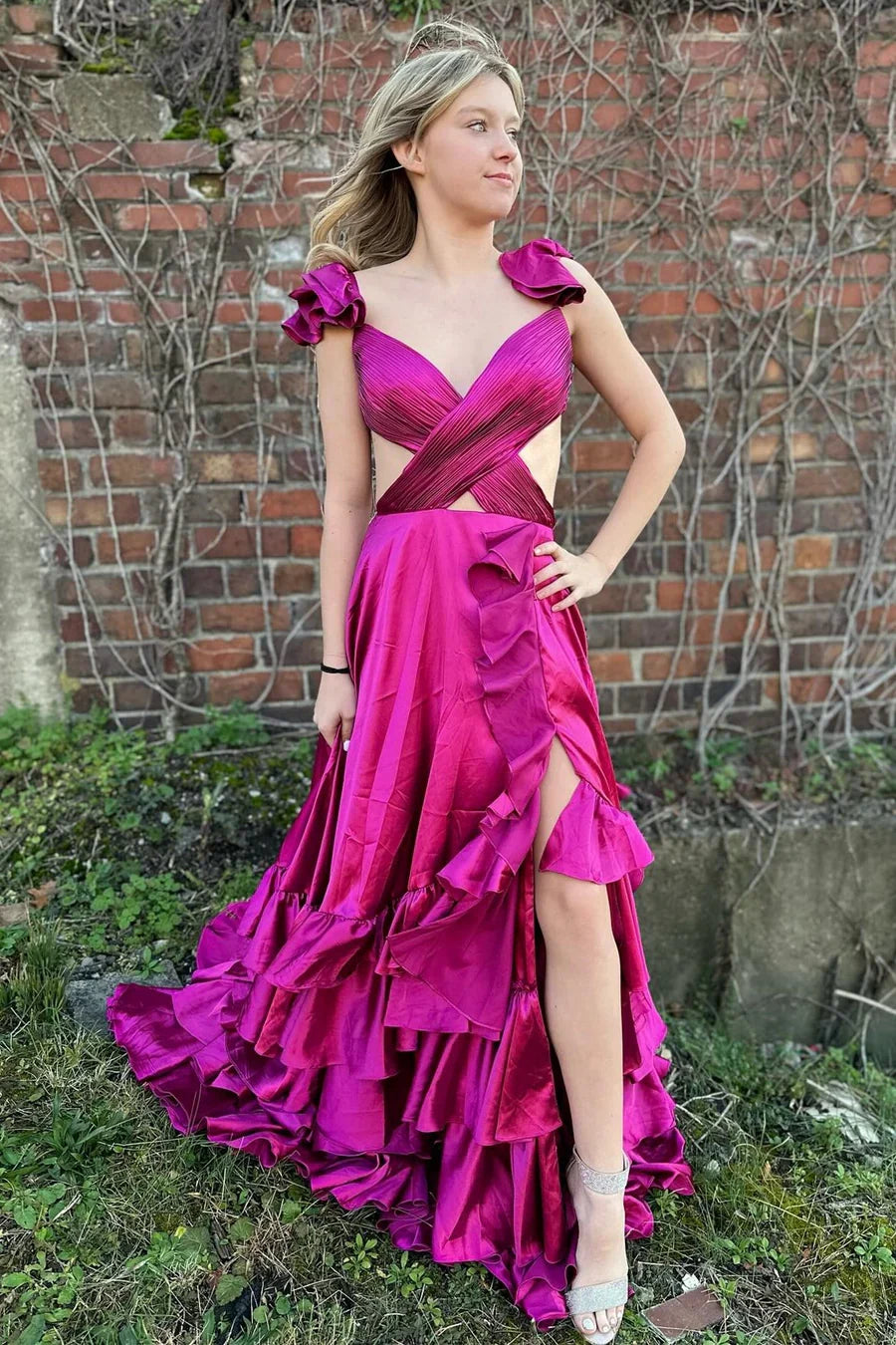 A-Line Ruffle Prom Dress with Slit Cutout