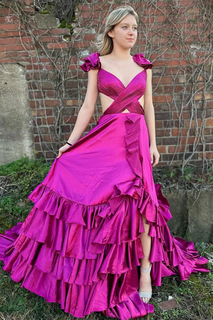 A-Line Ruffle Prom Dress with Slit Cutout