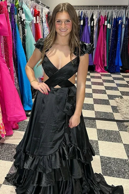 A-Line Ruffle Prom Dress with Slit Cutout