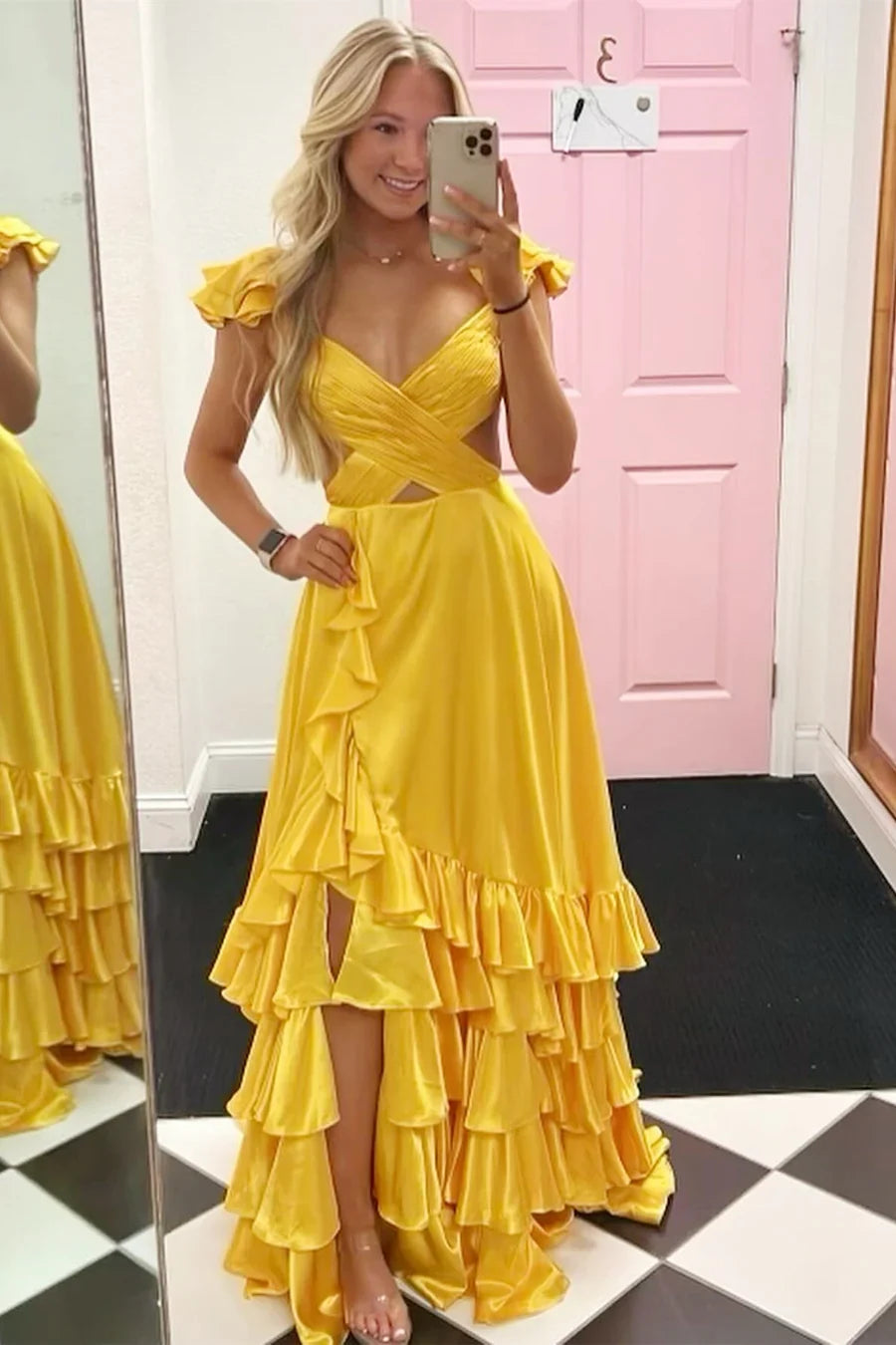 A-Line Ruffle Prom Dress with Slit Cutout