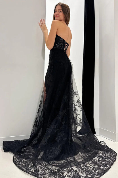 Strapless Mermaid Off-the-Shoulder Lace Tulle Train Long Prom Dresses With Slit