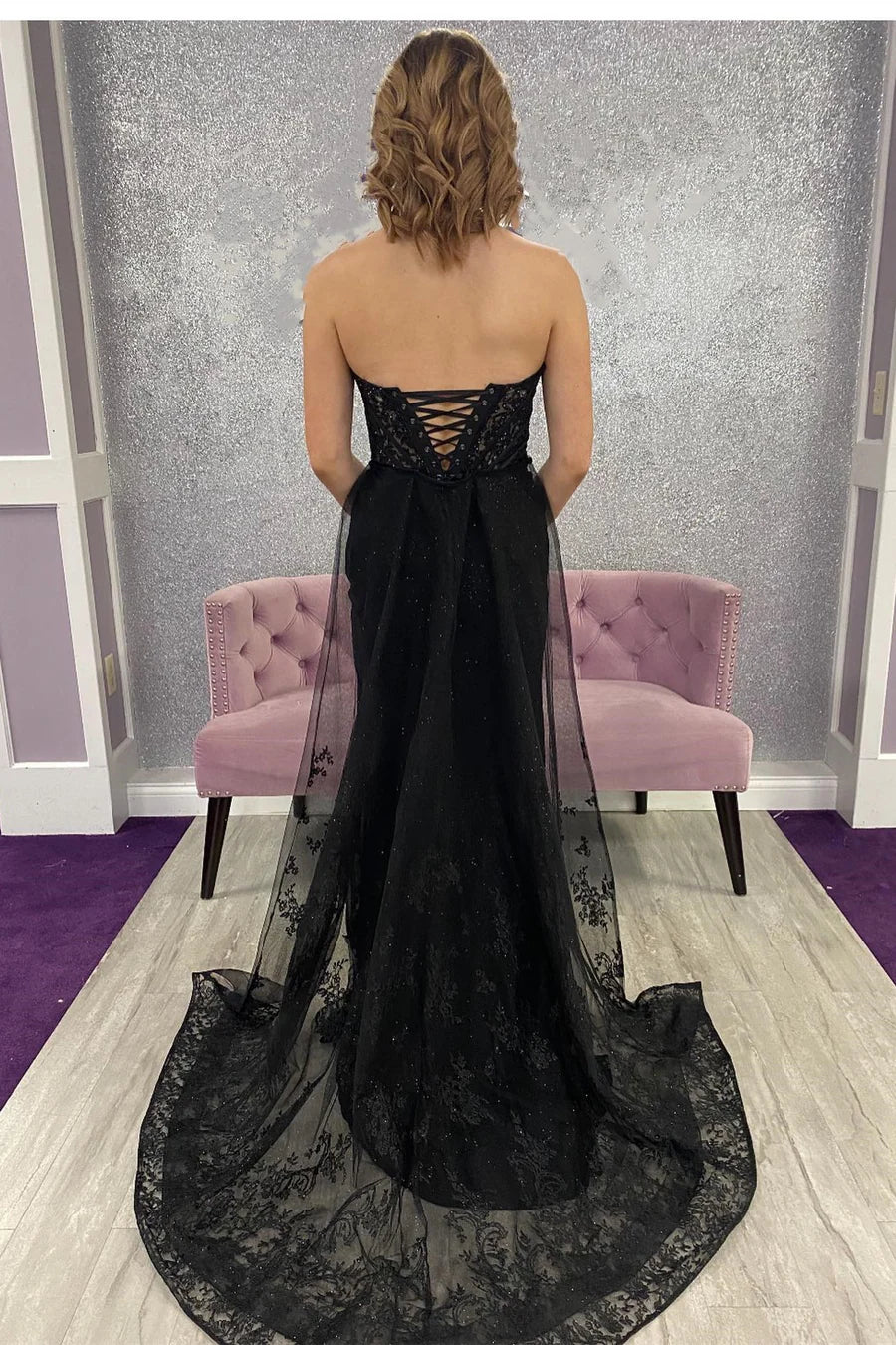 Strapless Mermaid Off-the-Shoulder Lace Tulle Train Long Prom Dresses With Slit