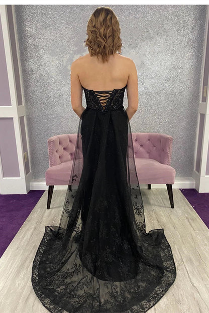 Strapless Mermaid Off-the-Shoulder Lace Tulle Train Long Prom Dresses With Slit