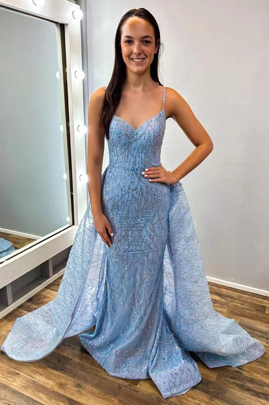 Sequin Lace V-Neck Long Prom Dress with Train