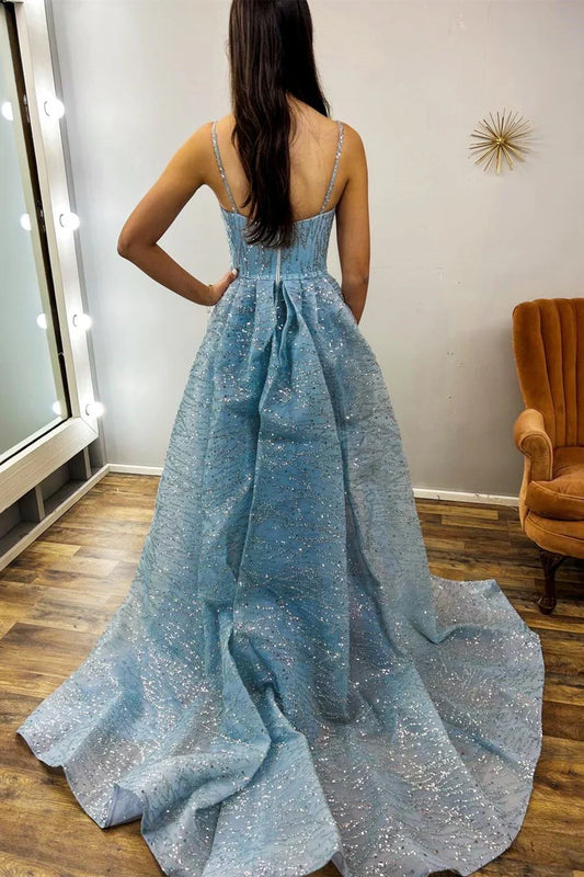 Sequin Lace V-Neck Long Prom Dress with Train