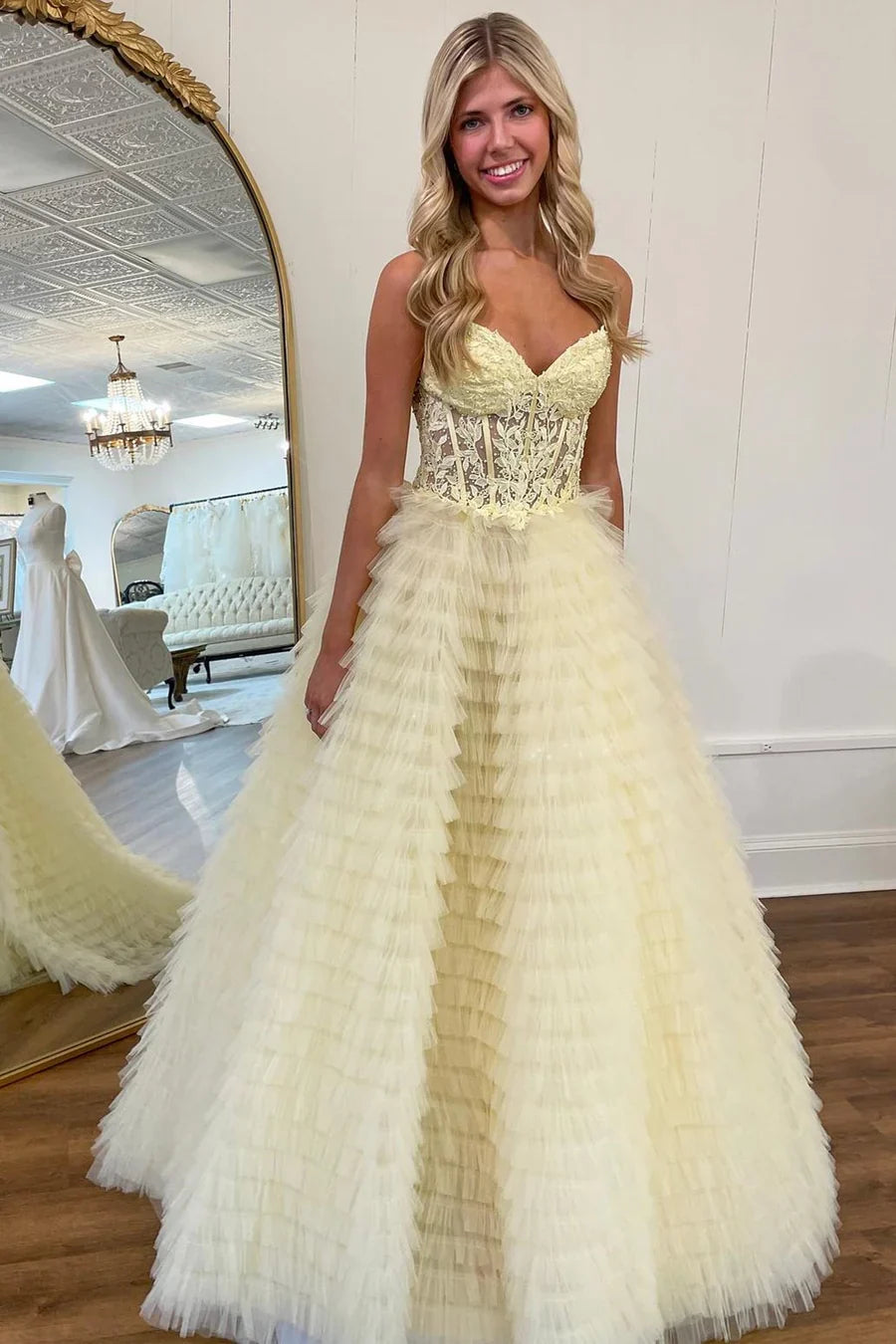 A-Line Sweetheart Ruffle Tiered Prom Dress Applique