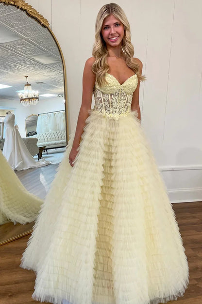 A-Line Sweetheart Ruffle Tiered Prom Dress Applique