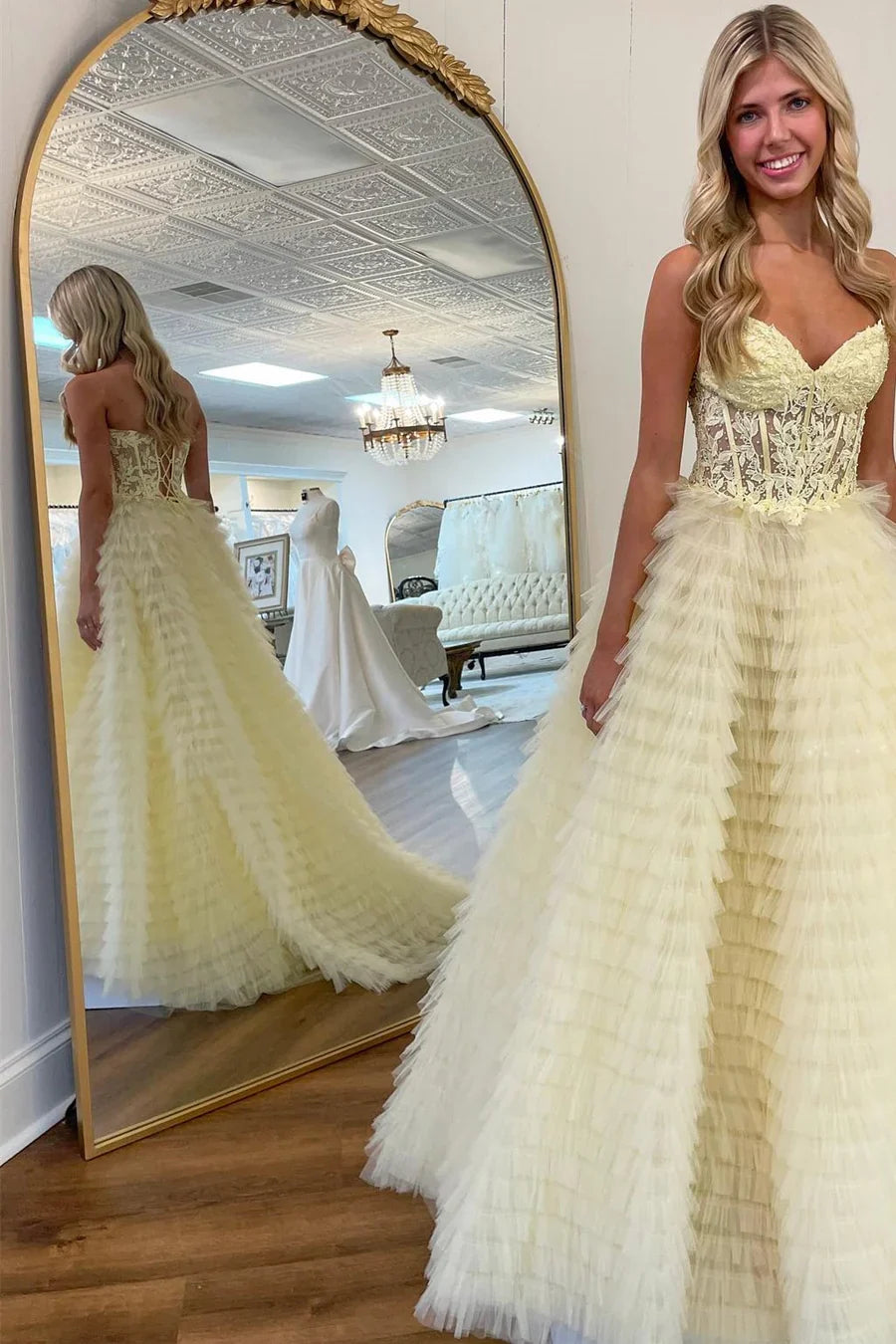 A-Line Sweetheart Ruffle Tiered Prom Dress Applique
