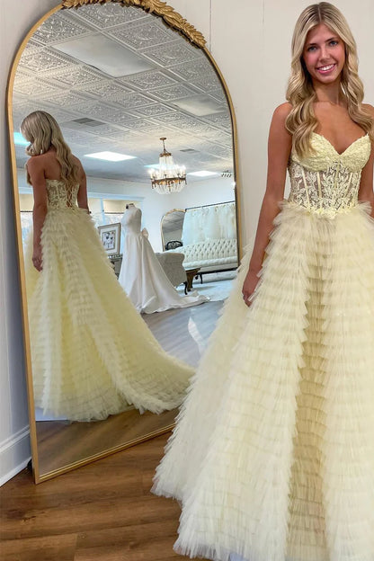 A-Line Sweetheart Ruffle Tiered Prom Dress Applique
