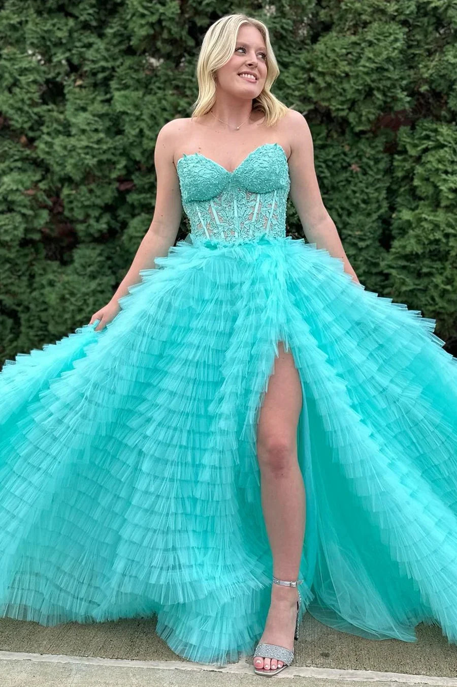A-Line Sweetheart Ruffle Tiered Prom Dress Applique