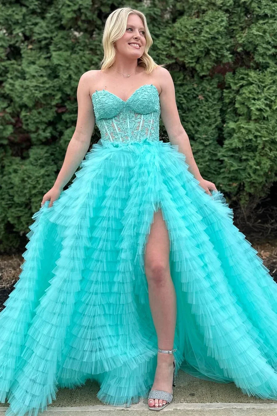 A-Line Sweetheart Ruffle Tiered Prom Dress Applique