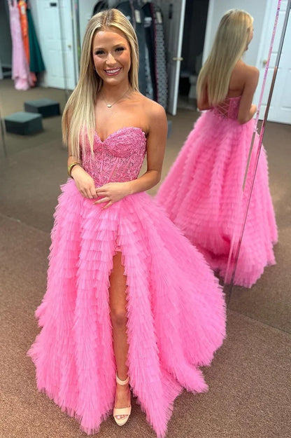 A-Line Sweetheart Ruffle Tiered Prom Dress Applique