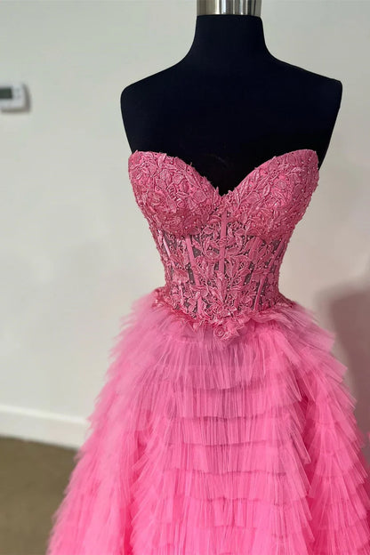 A-Line Sweetheart Ruffle Tiered Prom Dress Applique