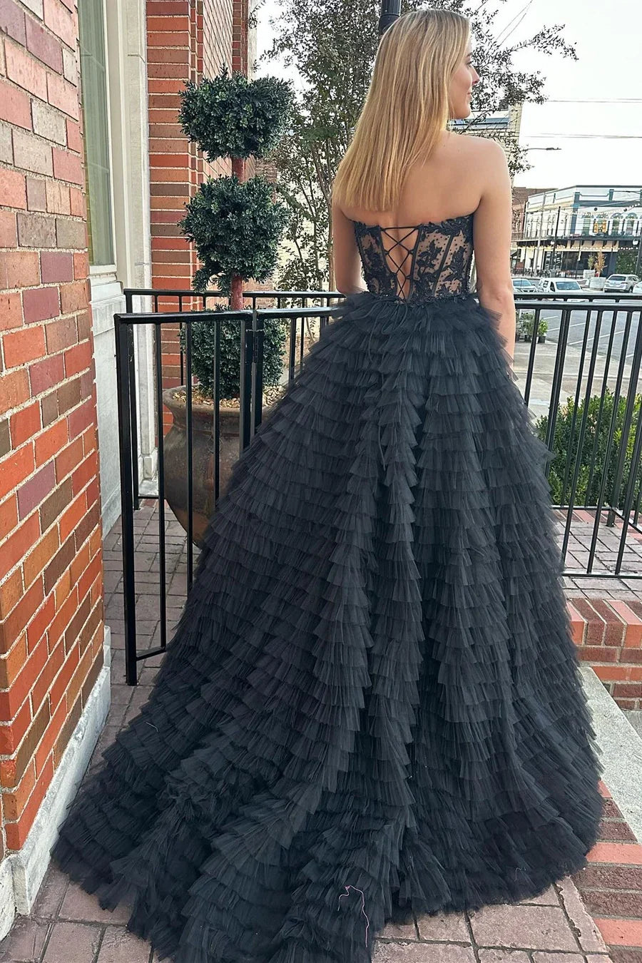 A-Line Sweetheart Ruffle Tiered Prom Dress Applique