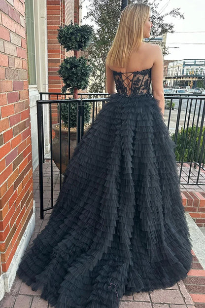 A-Line Sweetheart Ruffle Tiered Prom Dress Applique