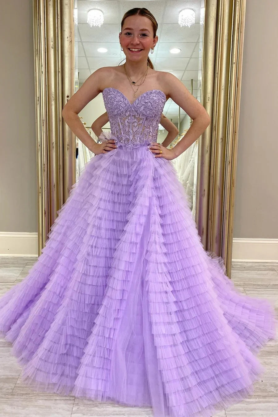 A-Line Sweetheart Ruffle Tiered Prom Dress Applique
