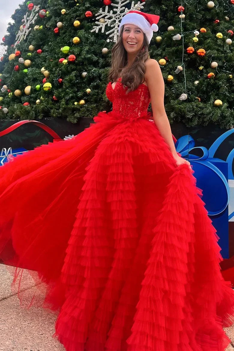 A-Line Sweetheart Ruffle Tiered Prom Dress Applique