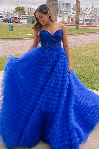 A-Line Sweetheart Ruffle Tiered Prom Dress Applique