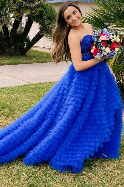 A-Line Sweetheart Ruffle Tiered Prom Dress Applique